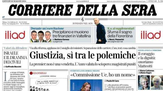 Il Corriere della Sera in prima pagina: "Sfuma il sogno della Fiorentina: ko ai supplementari"