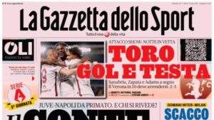 L’apertura de La Gazzetta dello Sport: “Conte torna allo Stadium. Il Toro vola in testa”