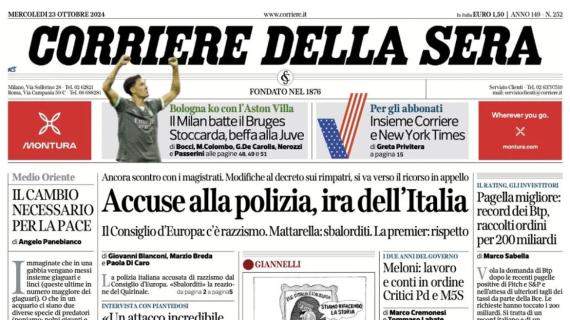 Il Corriere della Sera sulla Champions: “Il Milan batte il Bruges. Juve e Bologna beffate”