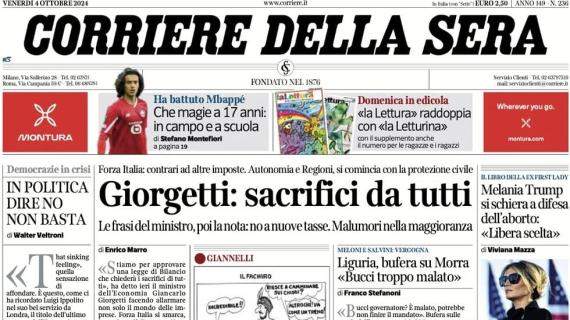 Il Corriere della Sera apre con la stellina Bouaddi: "Ha battuto Mbappé. Che magie a 17 anni"