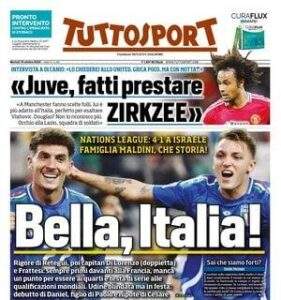 Nations League, poker azzurro contro Israele. Tuttosport titola: "Bella, Italia!"