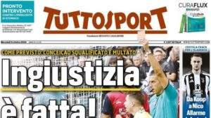 La prima pagina di Tuttosport sulla squalifica di Conceicao: "Ingiustizia è fatta!"