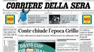 Il Corriere della Sera apre sugli azzurri: "Il Napoli vince e torna primo in classifica"