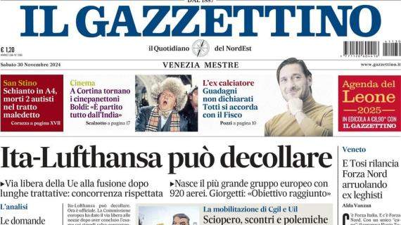 Il Gazzettino in prima pagina: "Guadagni non dichiarati: Totti si accorda con il Fisco"